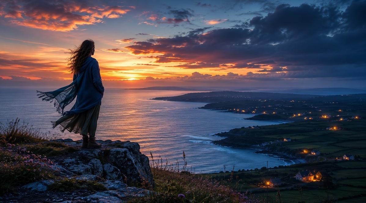 A lone figure on a coastal cliff at twilight, distant lights below, representing the loneliness of spiritual recognition