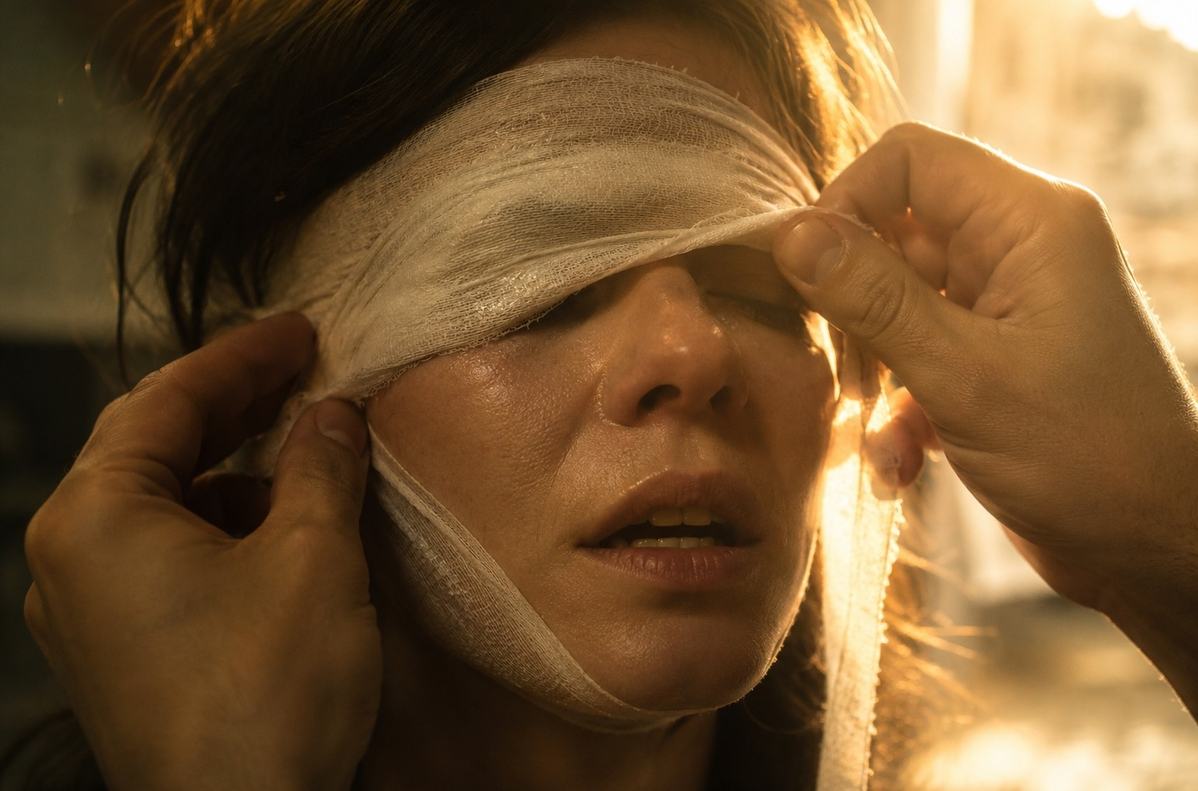 Hands carefully removing linen bandages from eyes, warm light streaming in, representing painful spiritual revelation