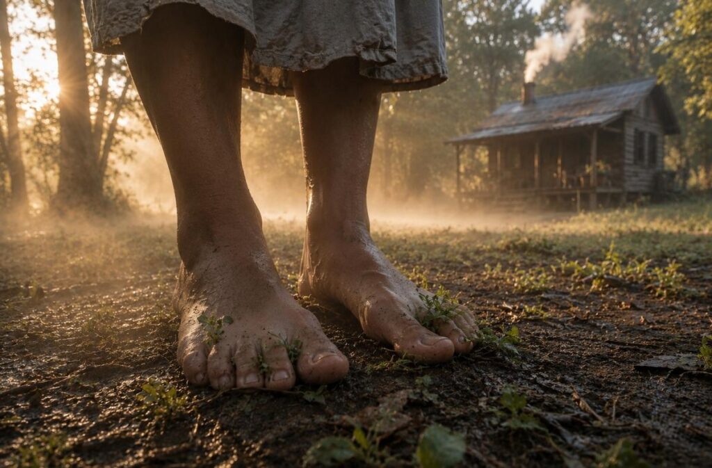 Bare feet on damp forest earth at dawn with mist and green plants, symbolising grounding practices and embodiment