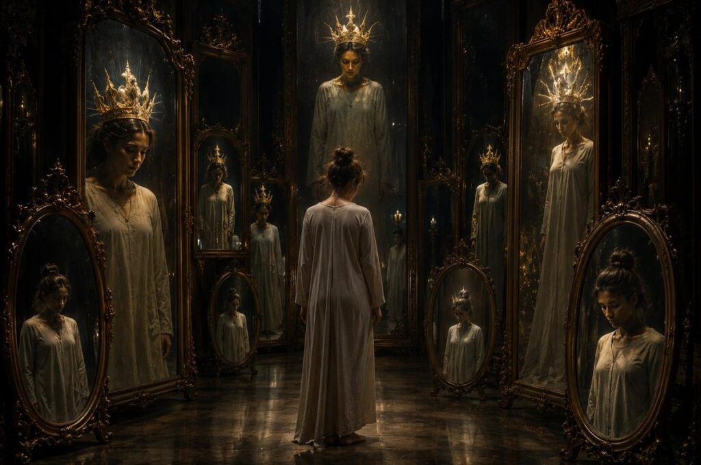 A figure in a hall of mirrors reflecting distorted versions of themselves, symbolising the spiritual inflation trap