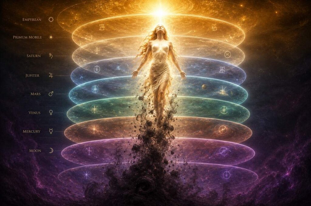 A luminous human figure ascending through seven planetary spheres shedding dark accretions