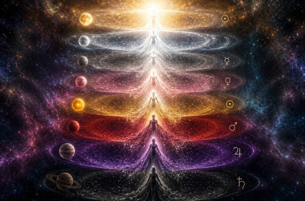 A luminous human figure ascending through seven spheres shedding dark veils that dissolve into light, representing liberation from planetary conditioning.