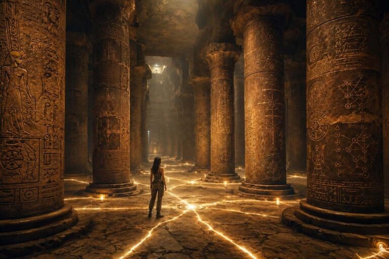 Vast subterranean hall with pillars carved with symbols from multiple traditions connected by glowing threads