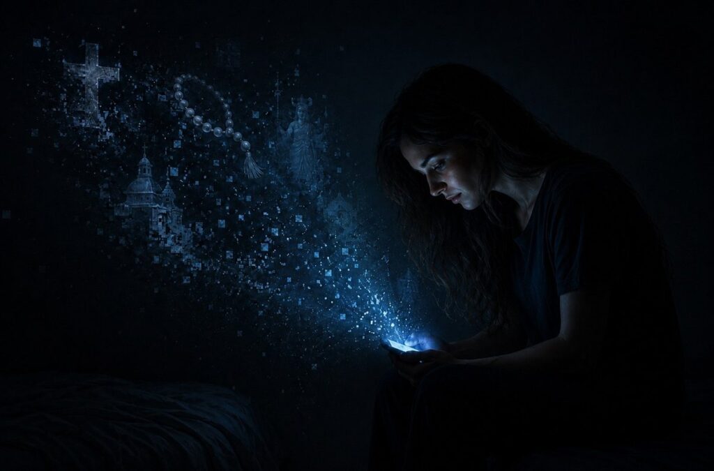 A human figure holding a vintage magnifying glass to a glowing AI interface screen, revealing hidden code and religious symbols beneath the polished surface.