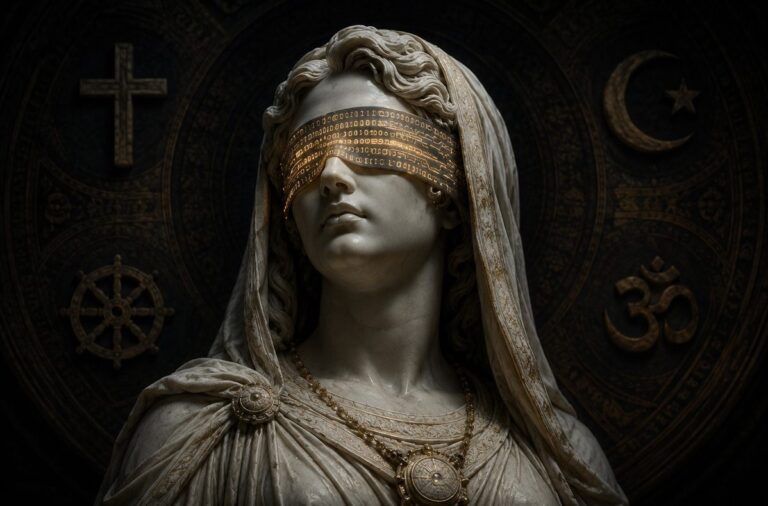 A marble statue of a classical oracle or priestess wearing a blindfold made of glowing circuit board patterns and binary code, with religious symbols from multiple traditions fading into shadow behind her.
