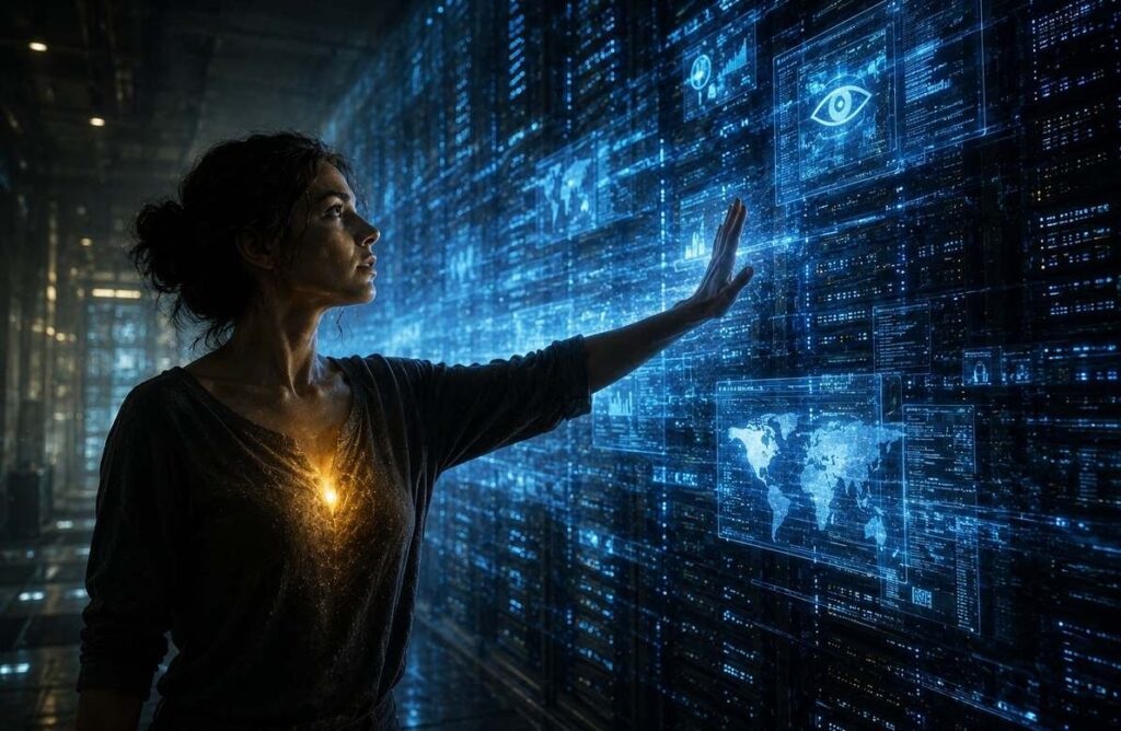 Human silhouette standing before server racks with one hand raised against a wave of blue digital light, shadow containing a golden glow