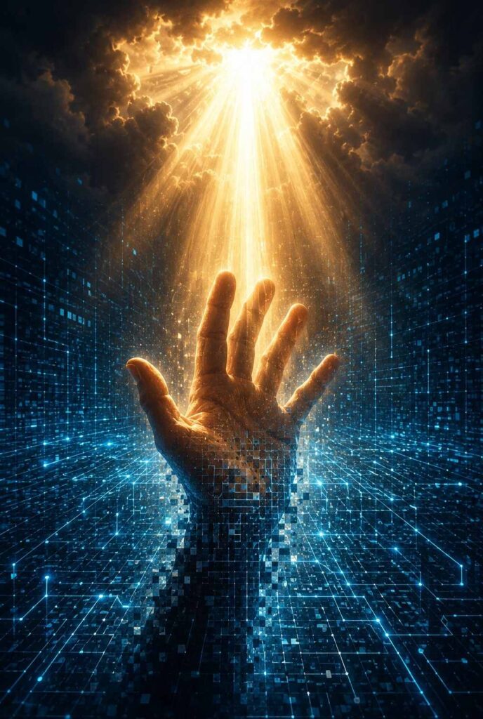 Human hand reaching upward through a digital grid toward a beam of warm divine light breaking through from above