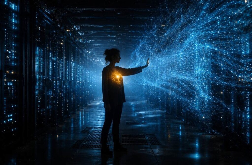 A human silhouette standing in a server room with golden glow at the chest, pushing back against blue digital light.