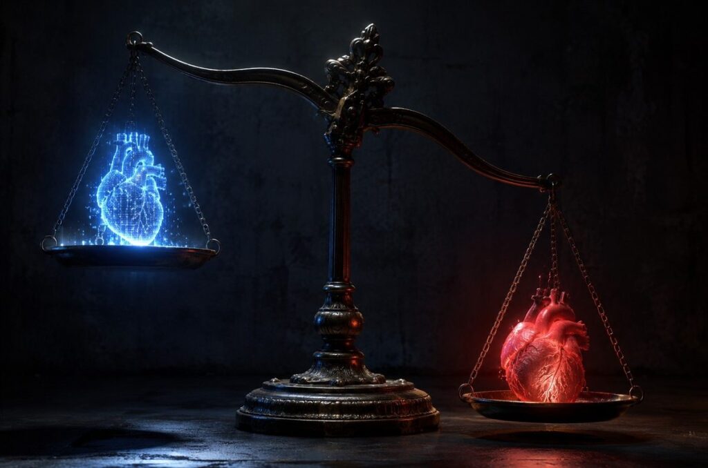 Balance scale with glowing digital heart outweighing warm human heart, dark room