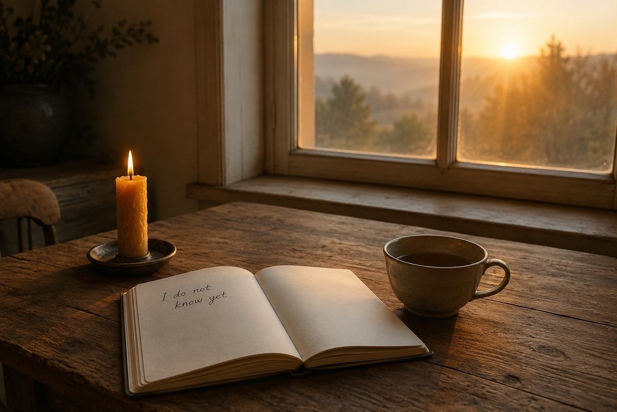An open notebook reading "I do not know yet" beside a candle and cup of tea at dawn, symbolising humility and uncertainty after awakening.