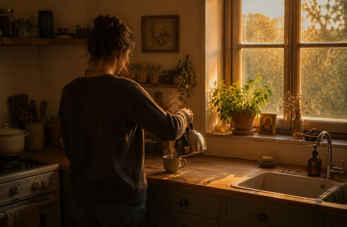 A person quietly preparing tea in a simple kitchen at golden hour, suggesting ordinary sainthood