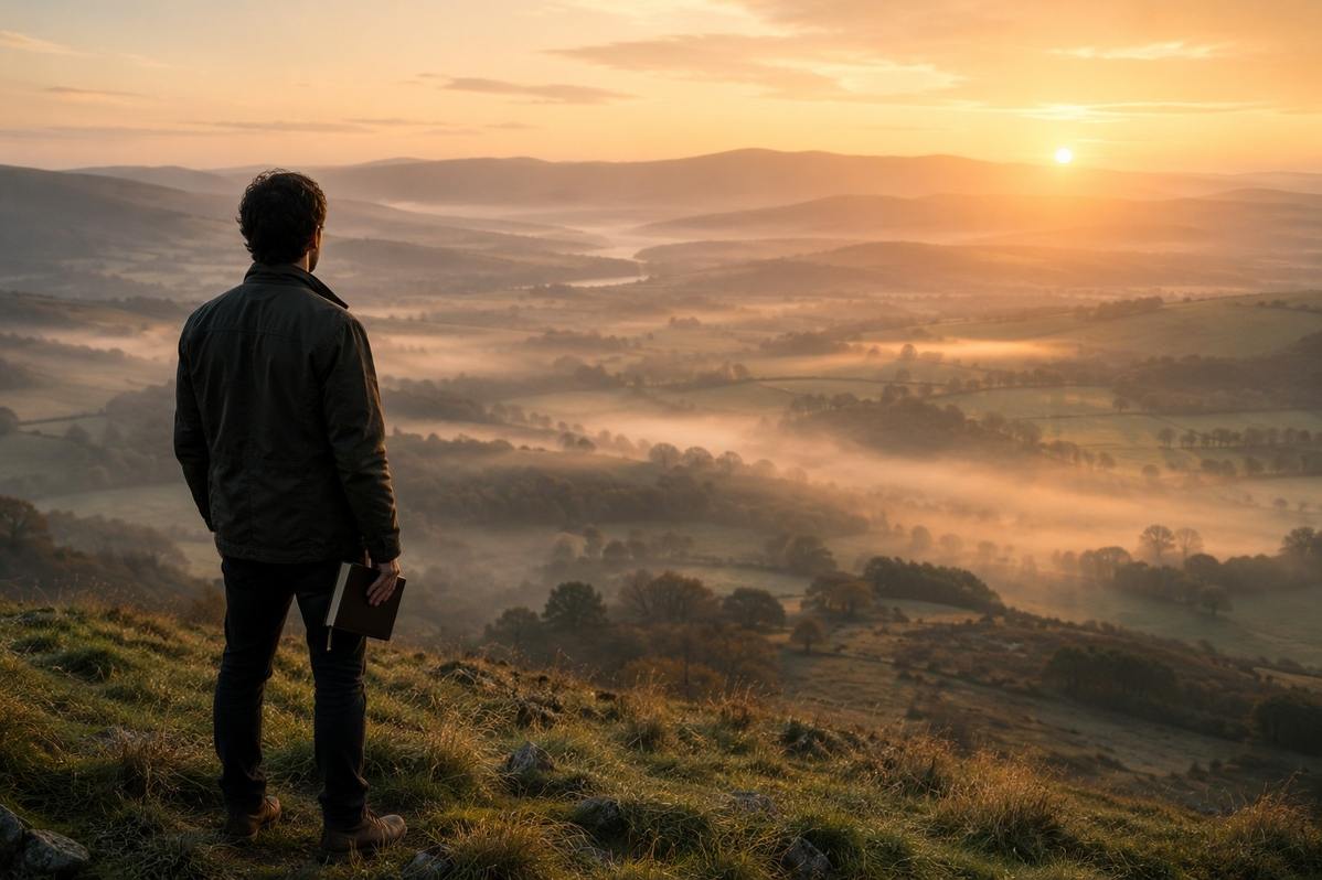 A person standing quietly before a wide misty landscape at dawn, holding a notebook, symbolising humility before the limits of perception