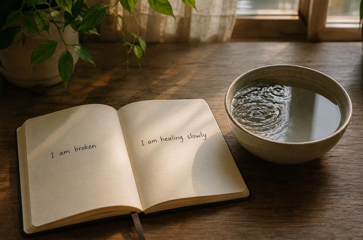 A notebook with two different self-descriptions beside a bowl of water showing different ripples, symbolising how inner dialogue affects the body