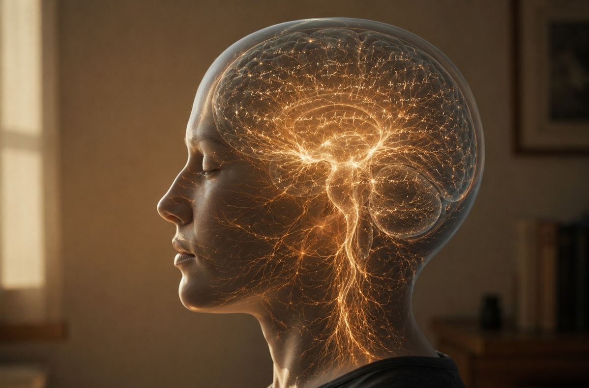 A subtle symbolic image of neural pathways forming faint word-like patterns inside a translucent head, representing inner speech