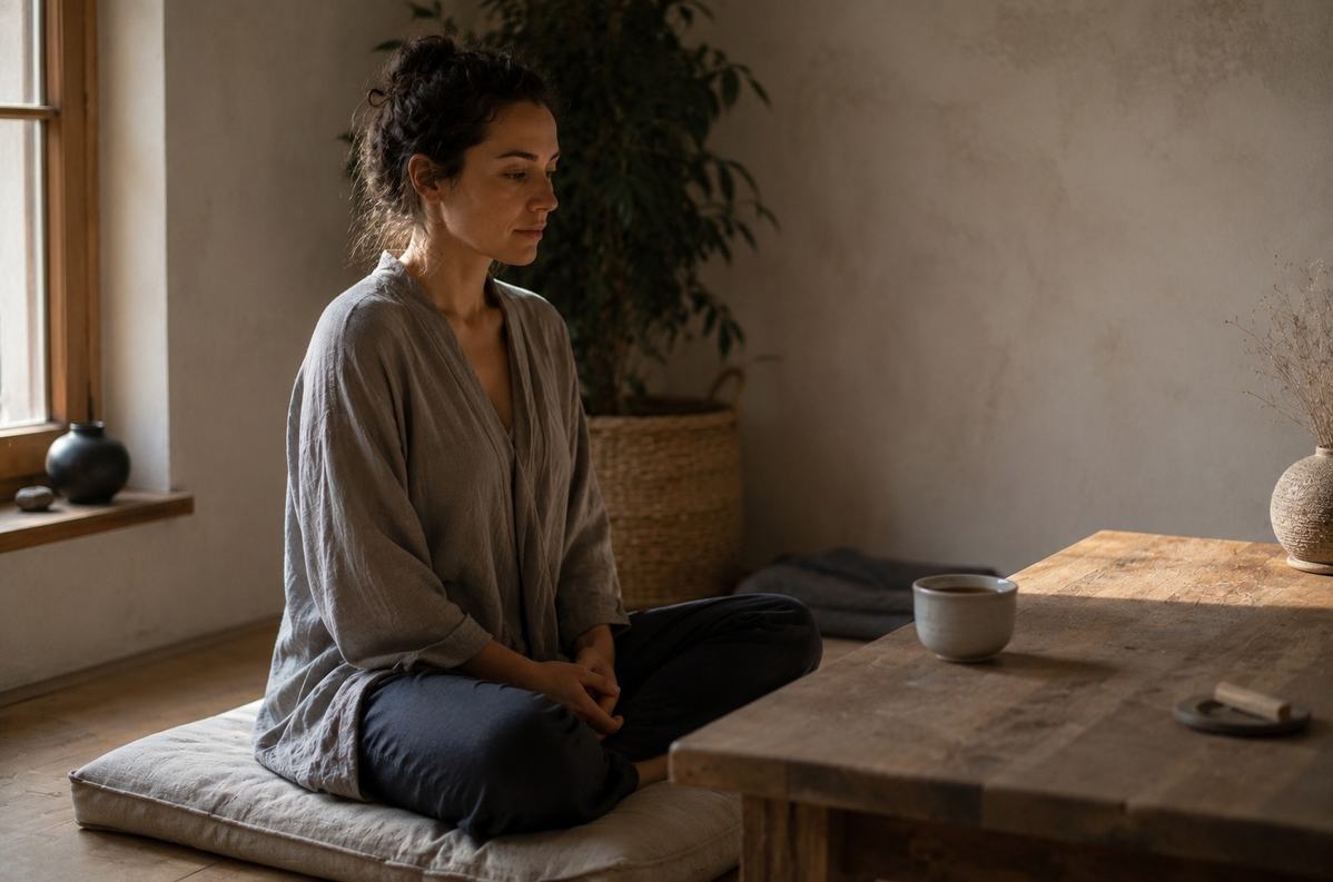 A person sitting in meditation with eyes closed, then opening them to look at a simple cup of tea on a wooden table, symbolising the return from inner vision to ordinary life