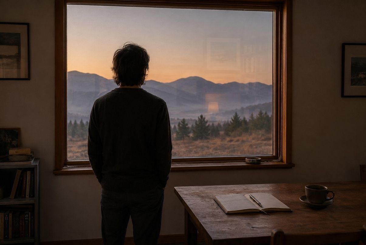 A contemplative figure standing at a simple wooden window at dawn, looking out at misty hills while faint reflections of the room appear on the glass, symbolising the threshold between perception and reality.