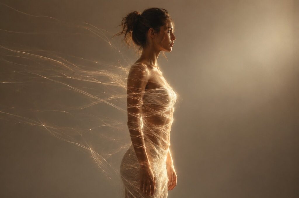 Invisible threads binding a human figure representing hidden agreements