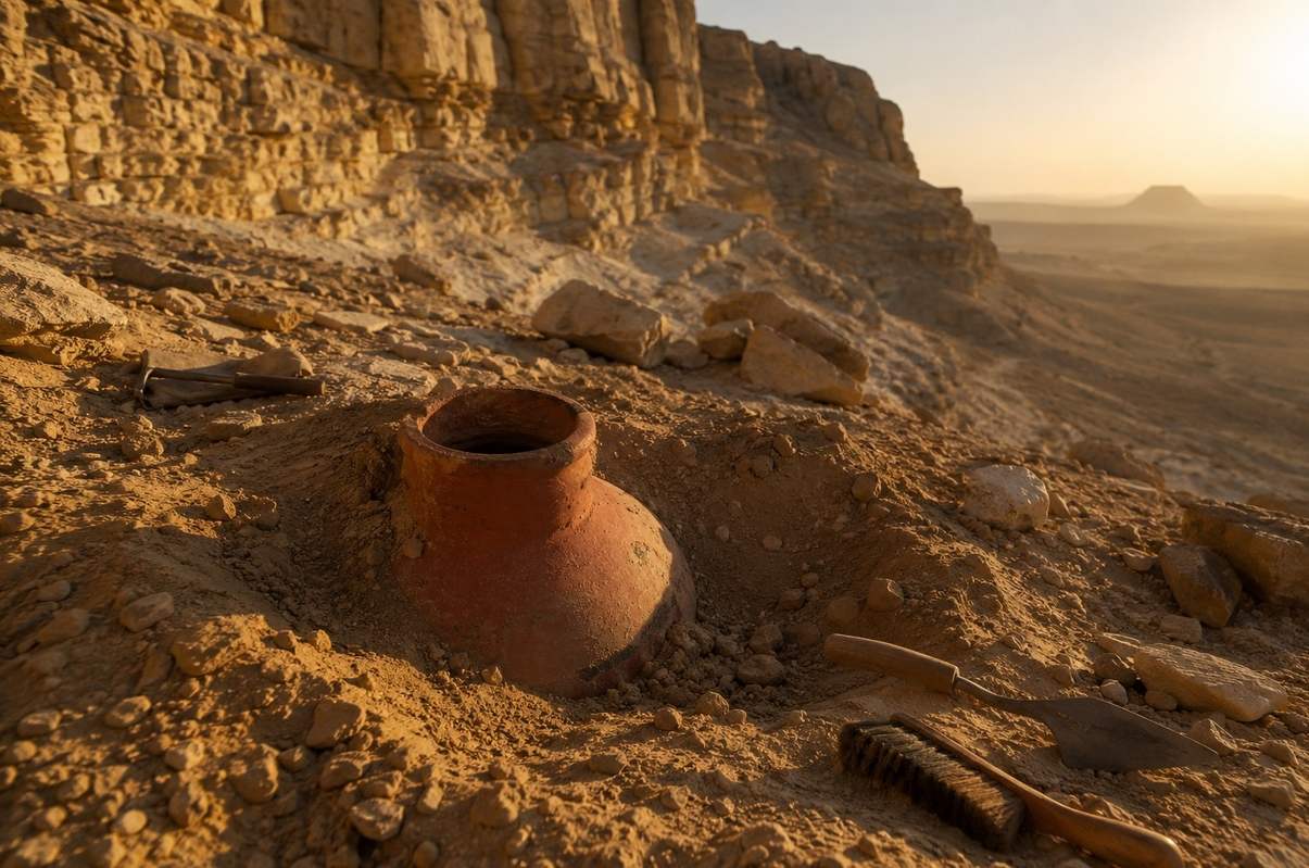 Red earthenware jar partially buried in desert sand near limestone cliffs at Jabal al-Tarif