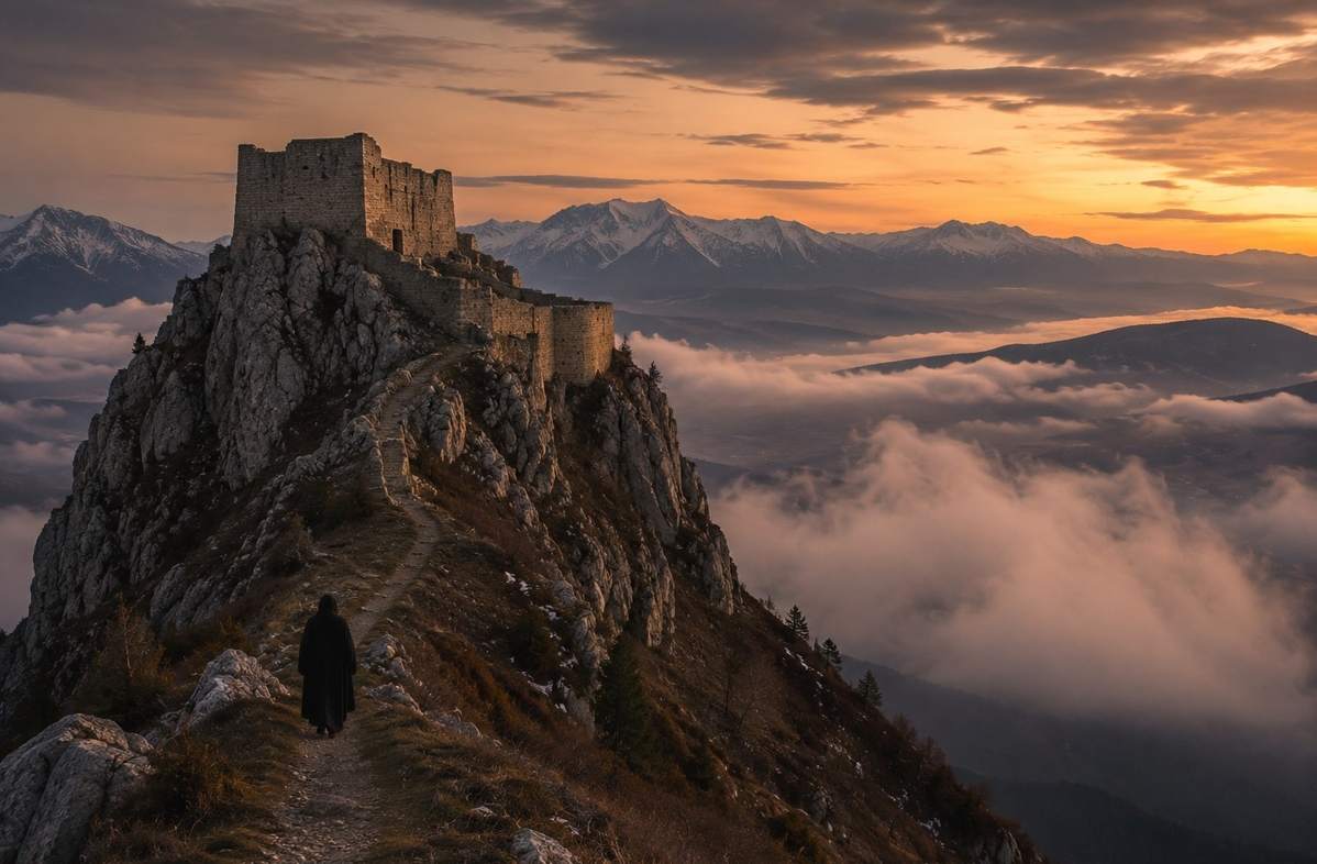 Medieval mountain fortress at twilight with mist in the valleys below