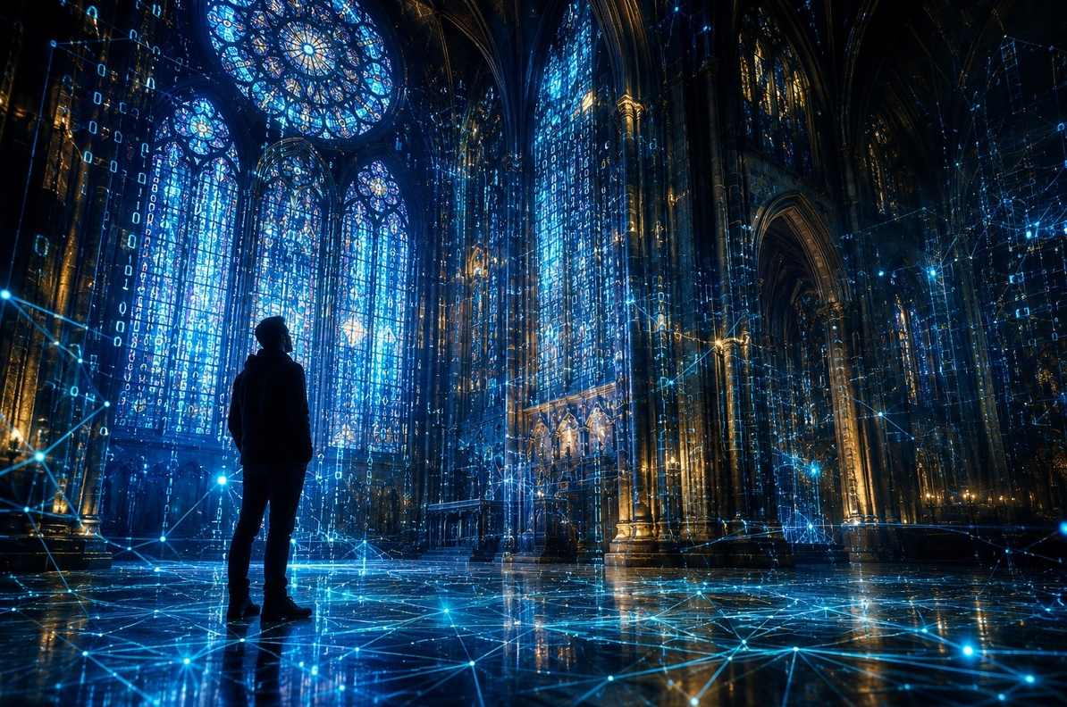 Gothic cathedral interior merged with glowing digital network nodes and data streams
