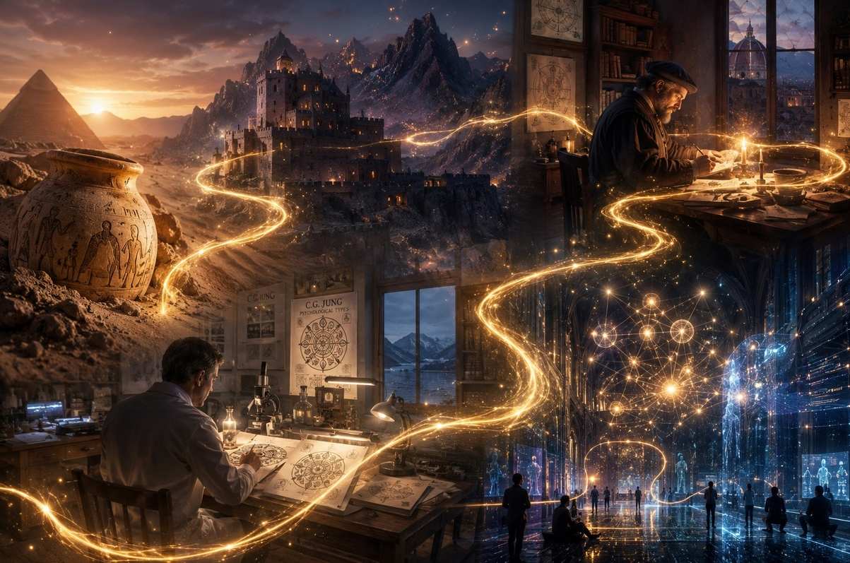 A luminous golden thread weaving through historical epochs from ancient desert to digital age