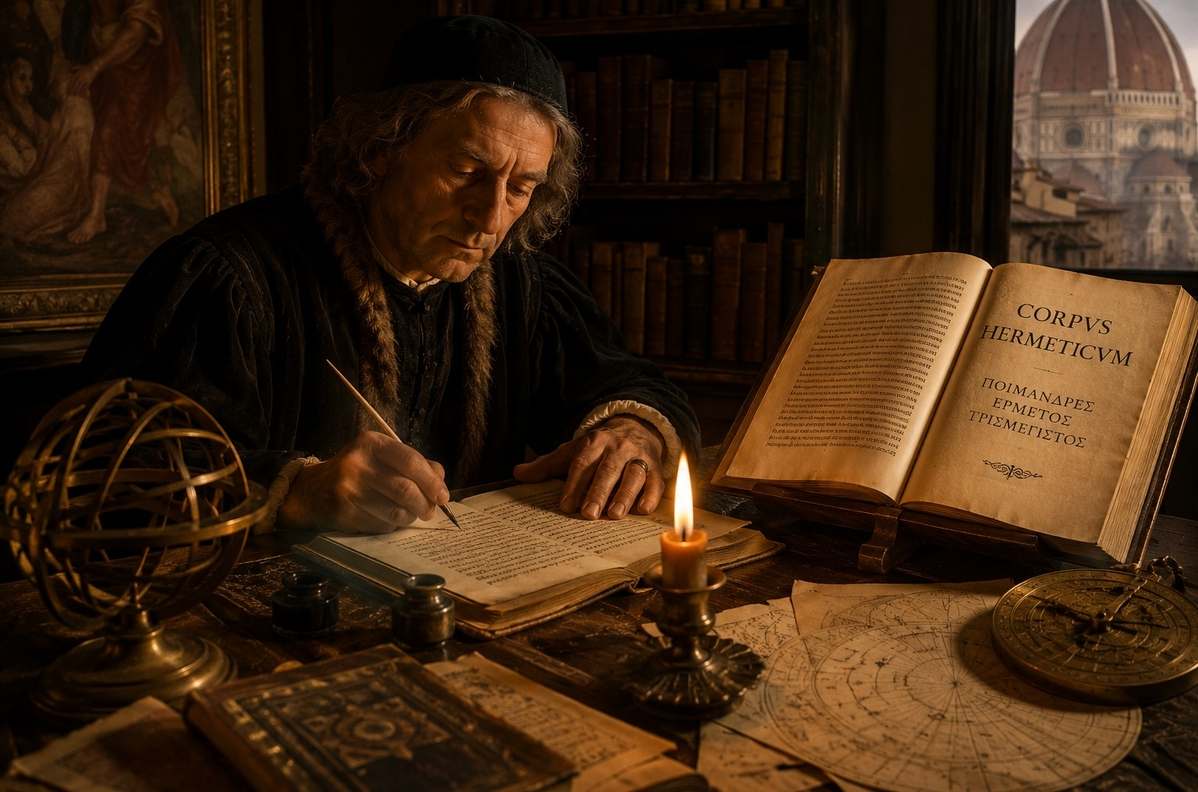 Renaissance scholar at a candlelit desk with Greek manuscript pages and celestial diagrams