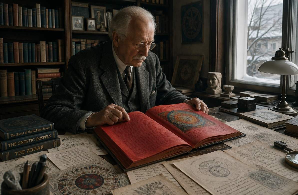 Open illuminated manuscript with mandala drawings and psychological diagrams on a wooden desk