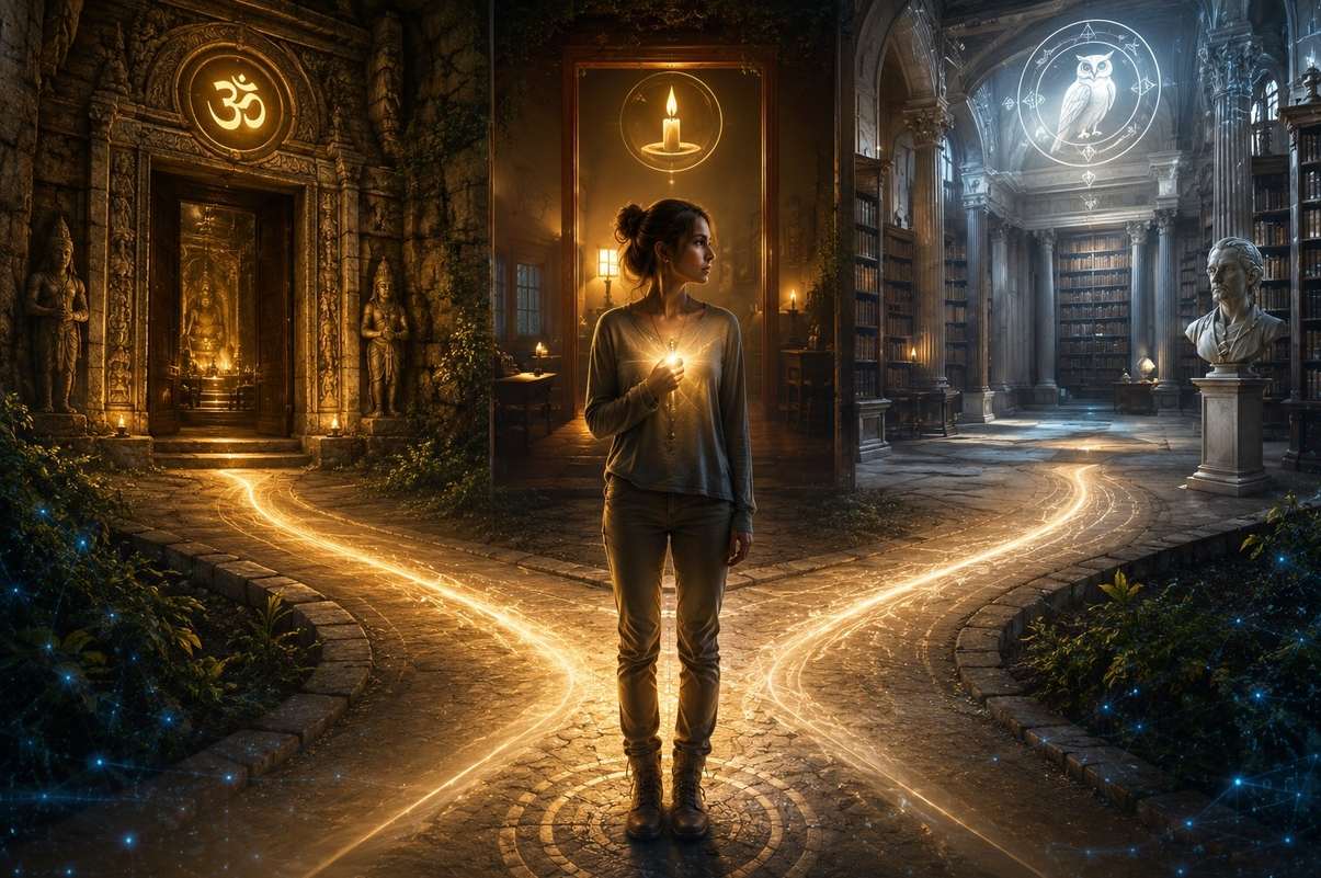 A modern seeker standing at a crossroads of three luminous paths representing religion, philosophy and practice, with golden light glowing from the heart.