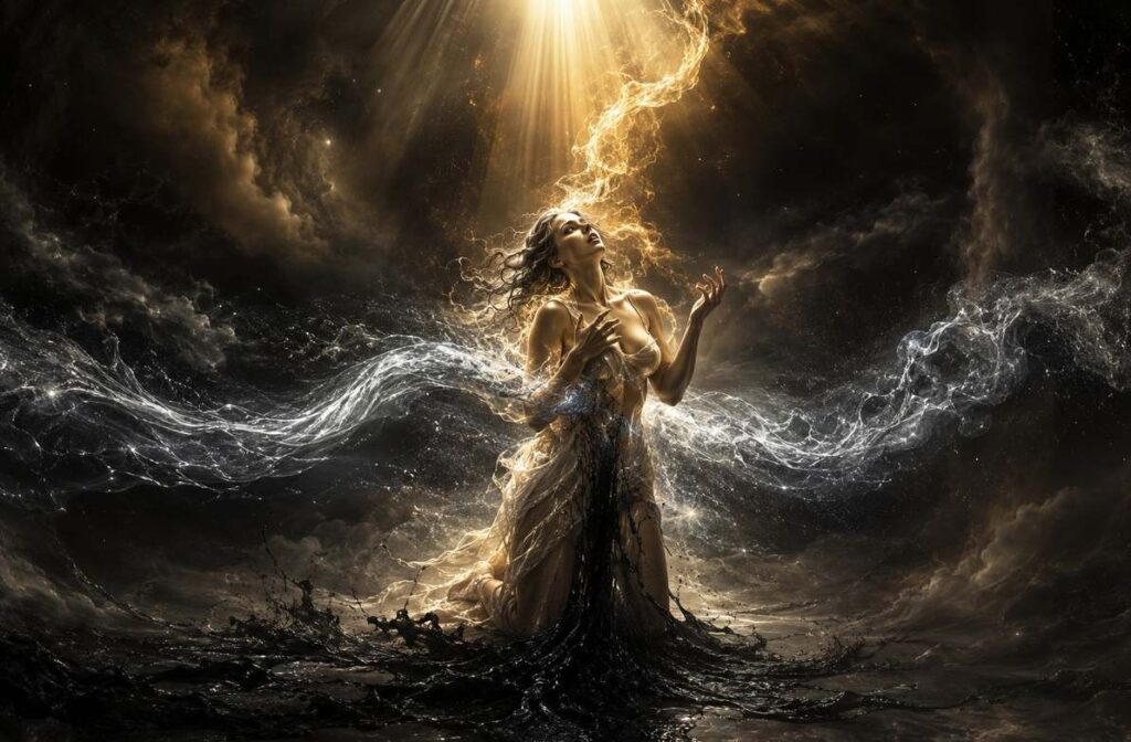 A luminous feminine figure with three streams emerging -- dark matter, silvery soul, and golden spirit
