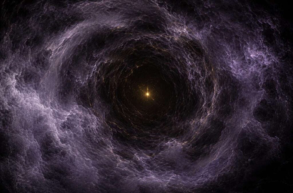 A dark swirling void with a single golden spark of light at its centre representing emptiness that remembers fullness