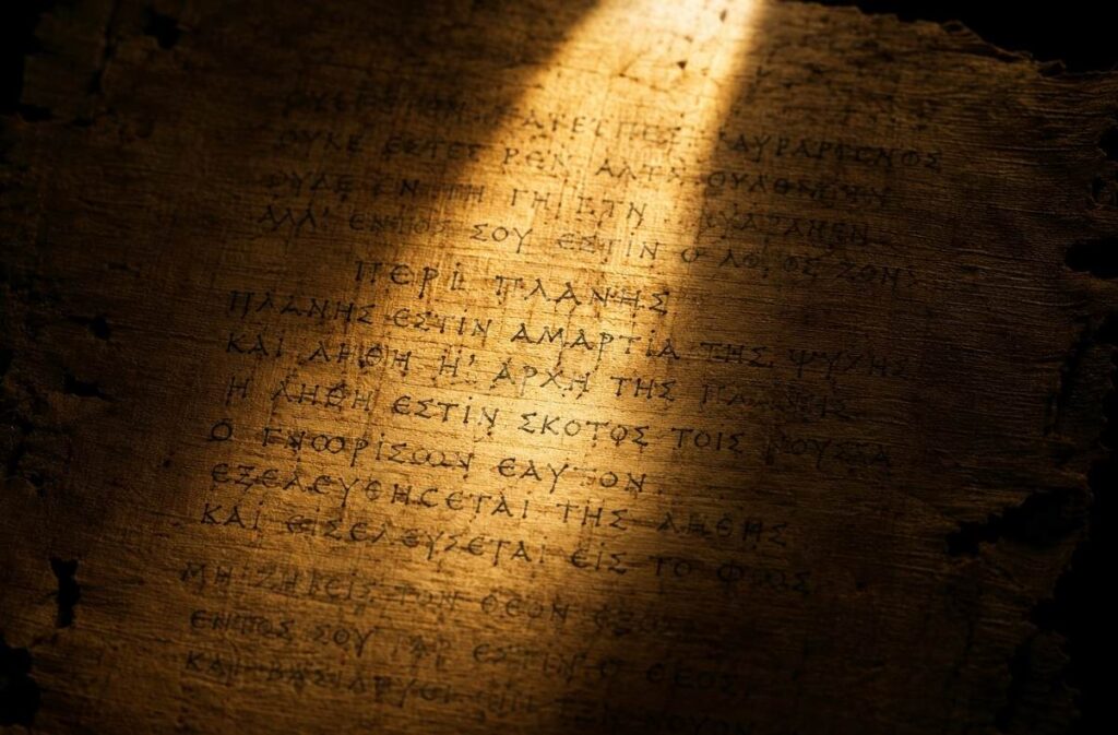 An ancient Coptic manuscript page illuminated by a single shaft of golden light cutting through darkness