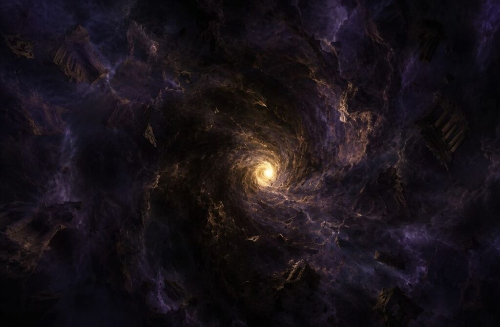 A dark swirling cosmic void with a faint golden light at its centre struggling against the darkness