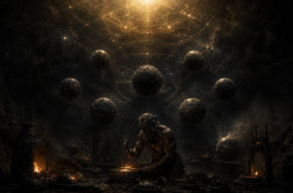 shadowy planetary spheres in imperfect imitation of divine geometry with a blind craftsman below