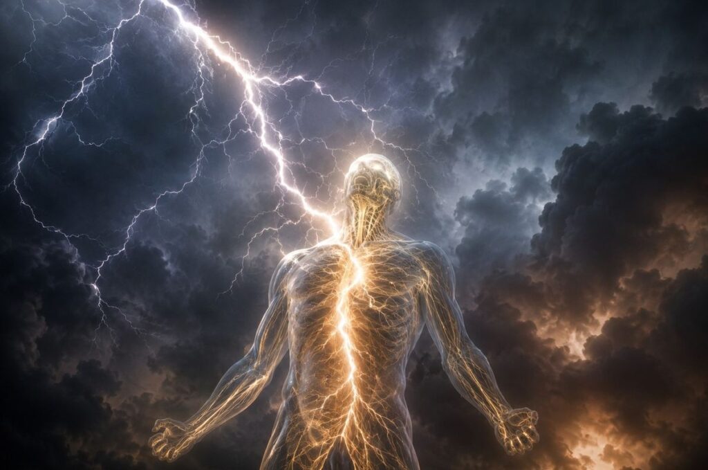 Lightning striking through a human silhouette representing kundalini spiritual emergency