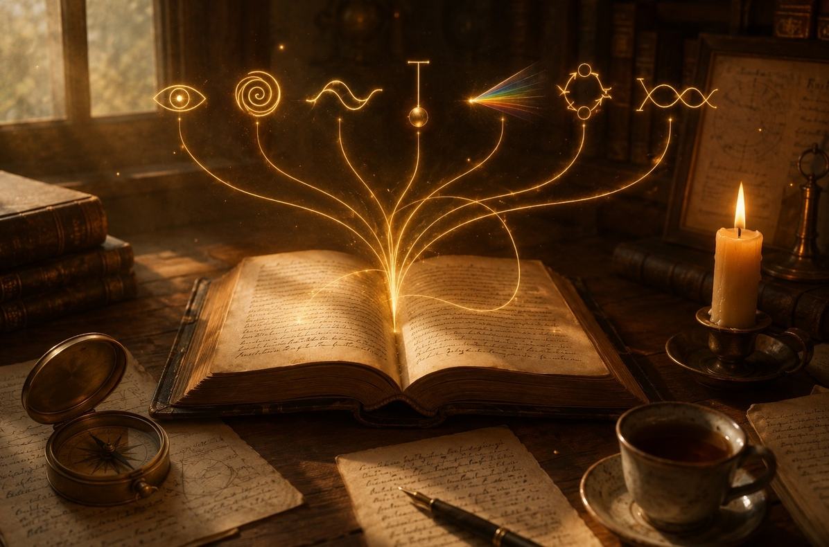 An old leather book glowing softly on a wooden desk, with seven golden threads rising from its pages to symbolise the seven Hermetic principles