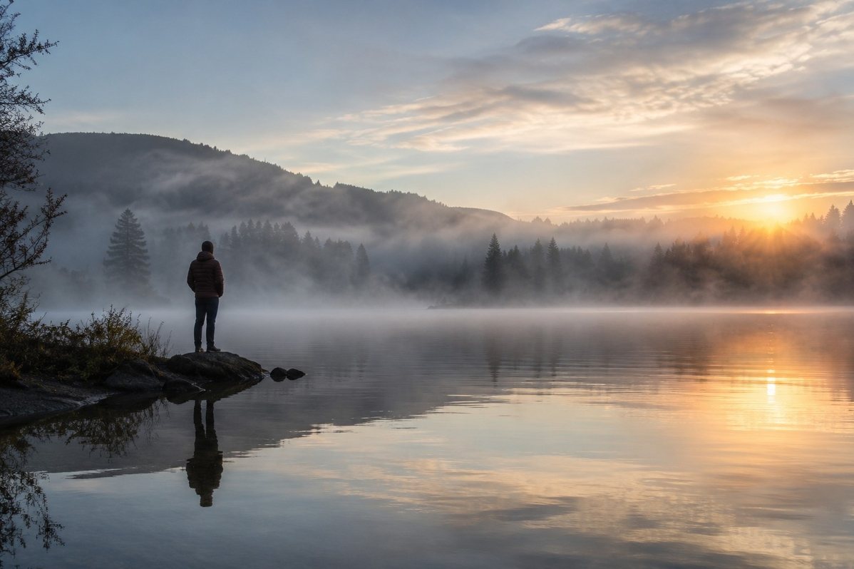 A person standing by a still lake at dawn, seeing a soft luminous reflection instead of a fixed identity