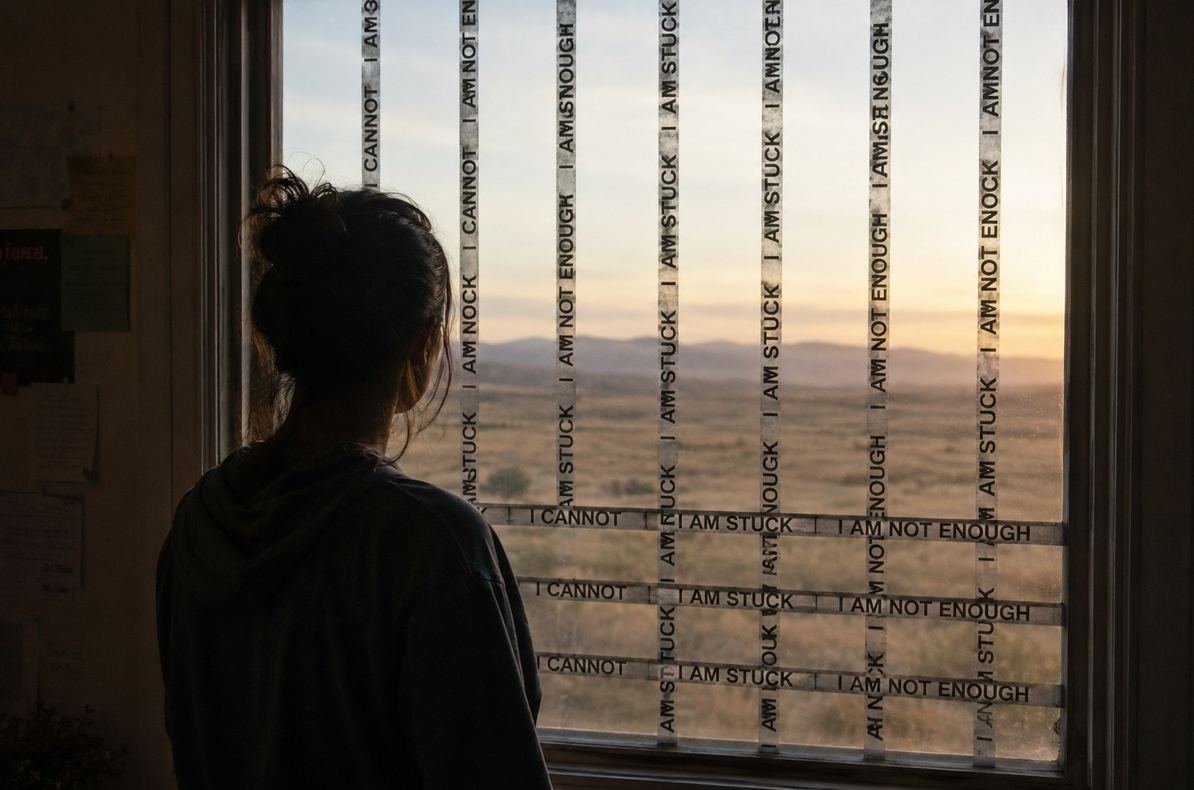 A person standing inside a quiet room where the window bars are formed from repeated self-limiting words, symbolising language as a cage.