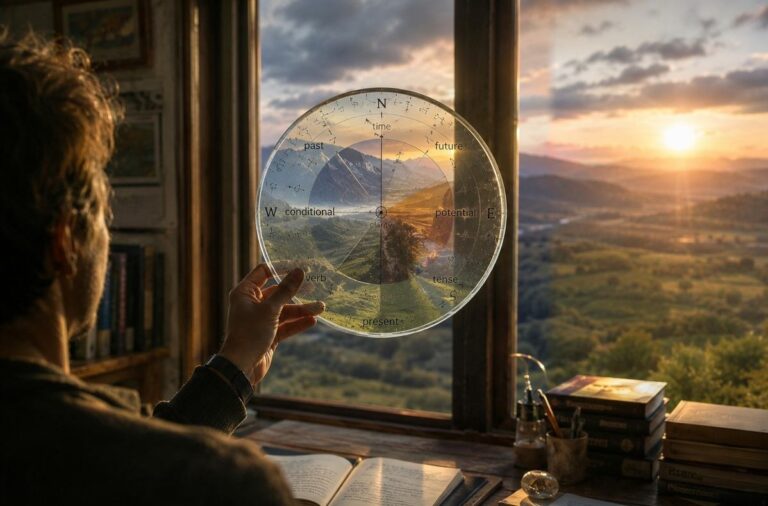 A person looking through a translucent lens of words toward a landscape divided into different patterns of time, colour and direction.