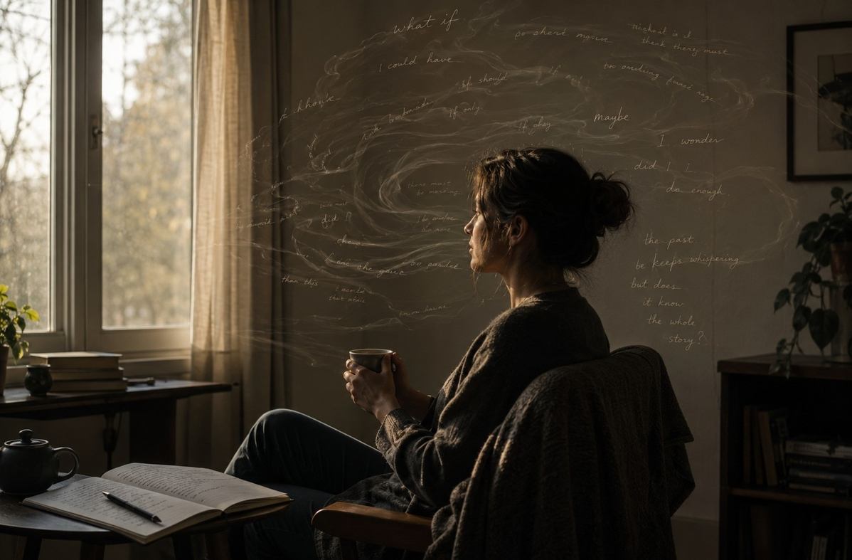 A person sitting quietly in warm shadow while faint handwritten words spiral around the head, symbolising inner speech mistaken for the self.