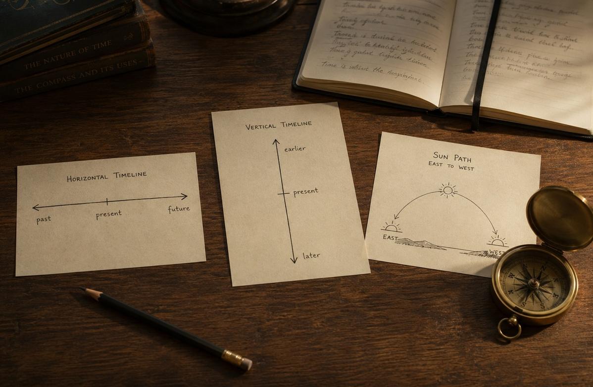 A table with three simple timelines: a horizontal line, a vertical line and an east-to-west sun path, symbolising how languages can organise time differently