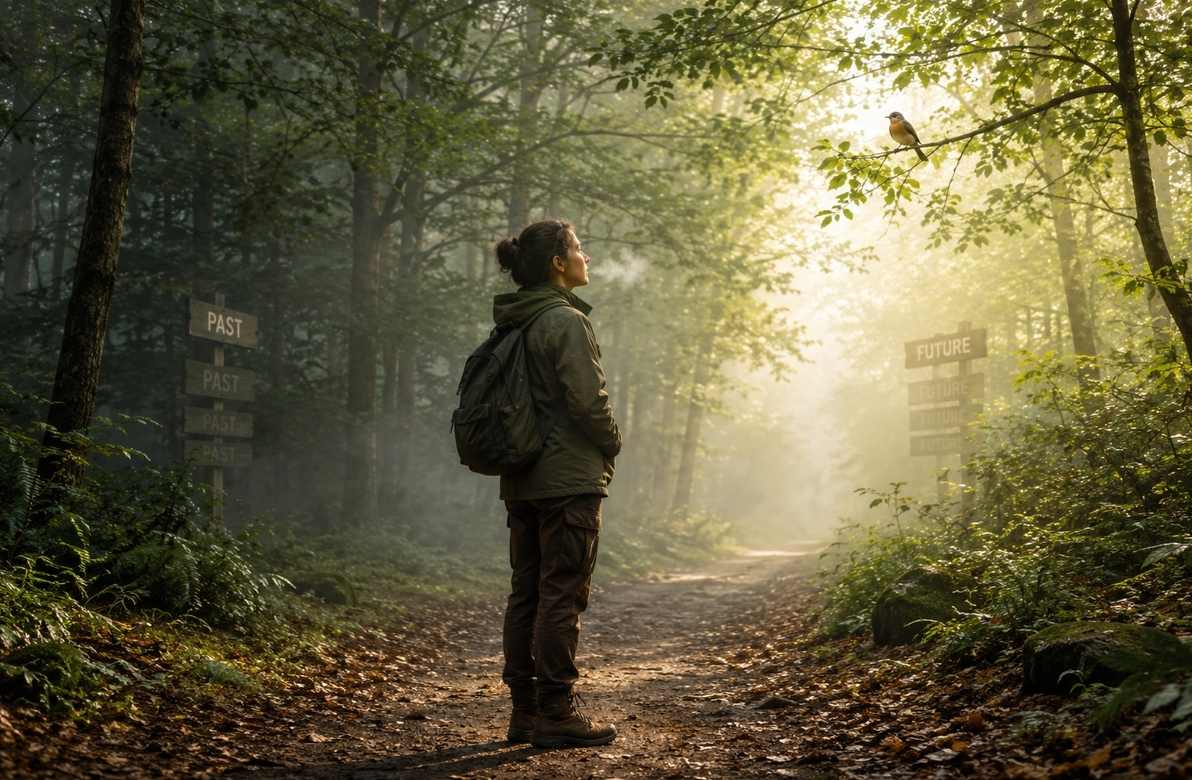 A person standing on a forest path where past and future signs fade into mist, symbolising how grammar can shape attention to time
