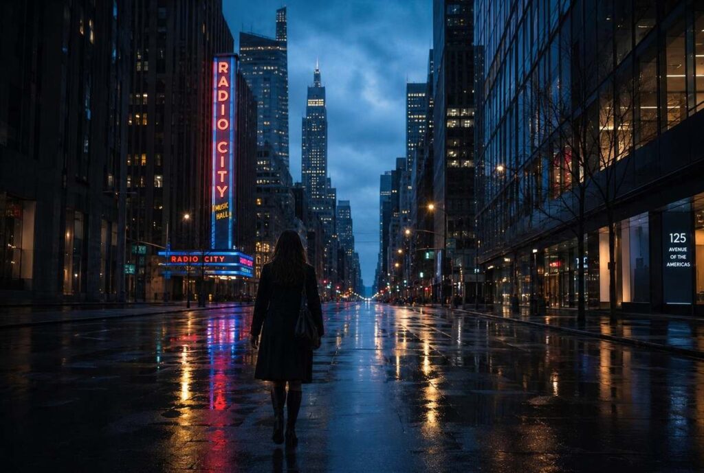 Solitary figure walking through empty modern city street at twilight with wet pavement reflections
