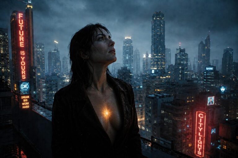 Solitary figure on city rooftop at twilight with luminous golden spark at chest, surrounded by neon city lights