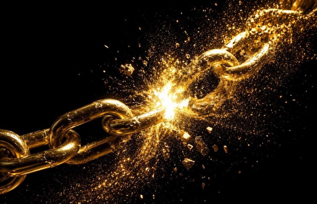 image of a golden chain shattering into luminous particles, representing the structural collapse of repetitive patterns. The chain does not break through force. It breaks through the realisation that the links were never truly locked.