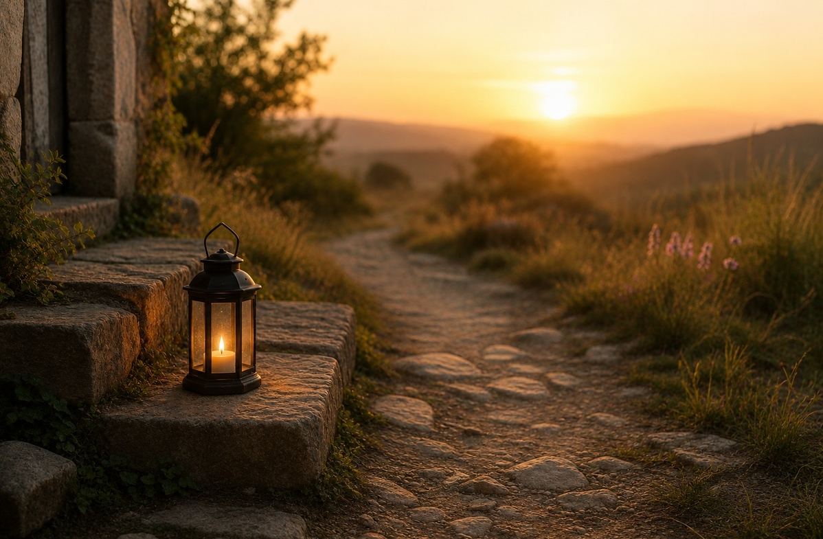 A small lantern placed on a stone step beside a path at dawn, with no person visible, symbolising guidance without force