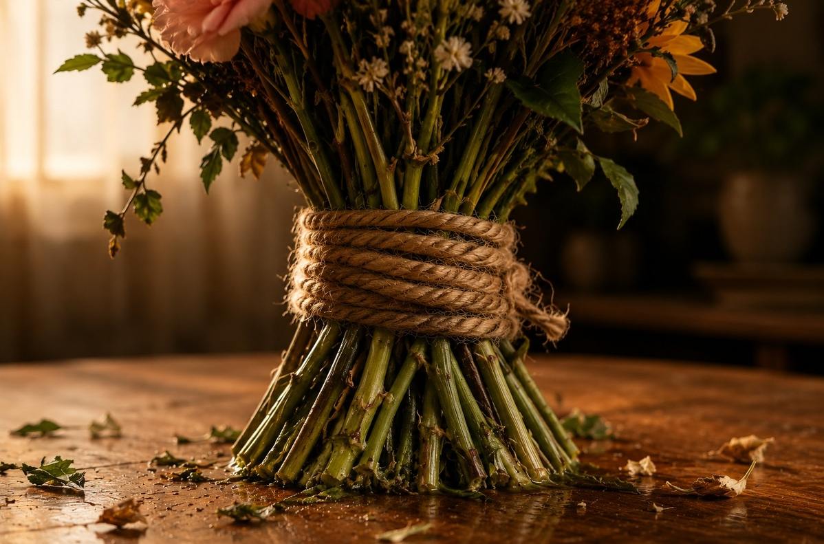 A rope tied too tightly around a bundle of flowers, crushing the stems while trying to hold them upright