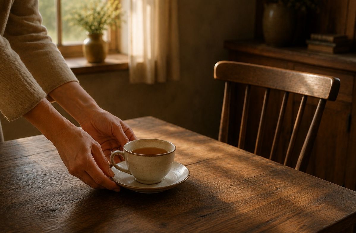 Two hands placing a cup of tea on a wooden table beside an empty chair, symbolising respectful support without intrusion