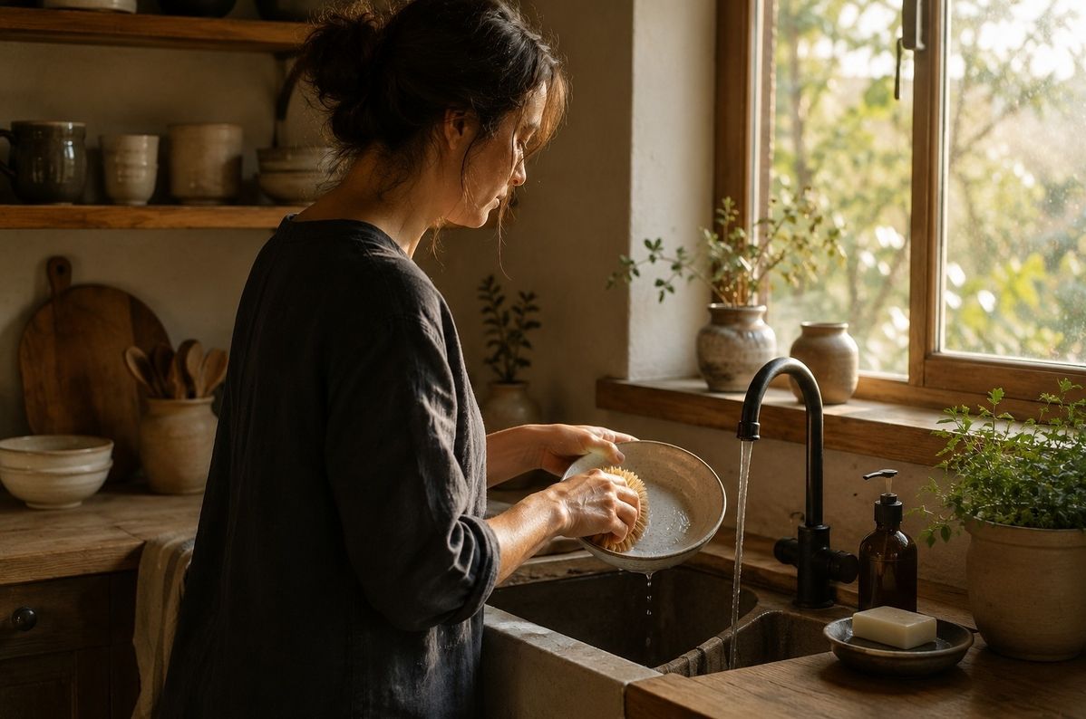 A person quietly washing a ceramic bowl at a wooden kitchen sink, morning light through a window, simple domestic scene