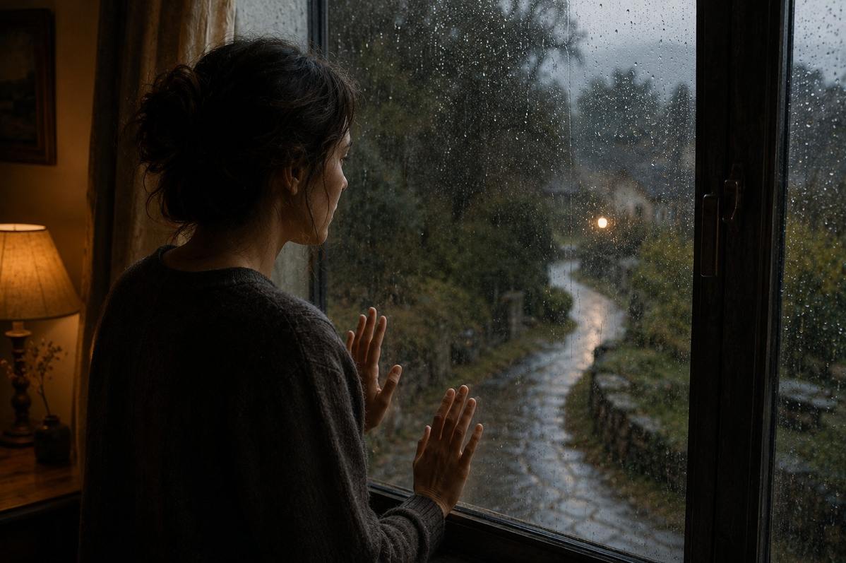 A person standing quietly at a rain-streaked window, watching a path below with hands resting gently on the glass, symbolising grief without rescue