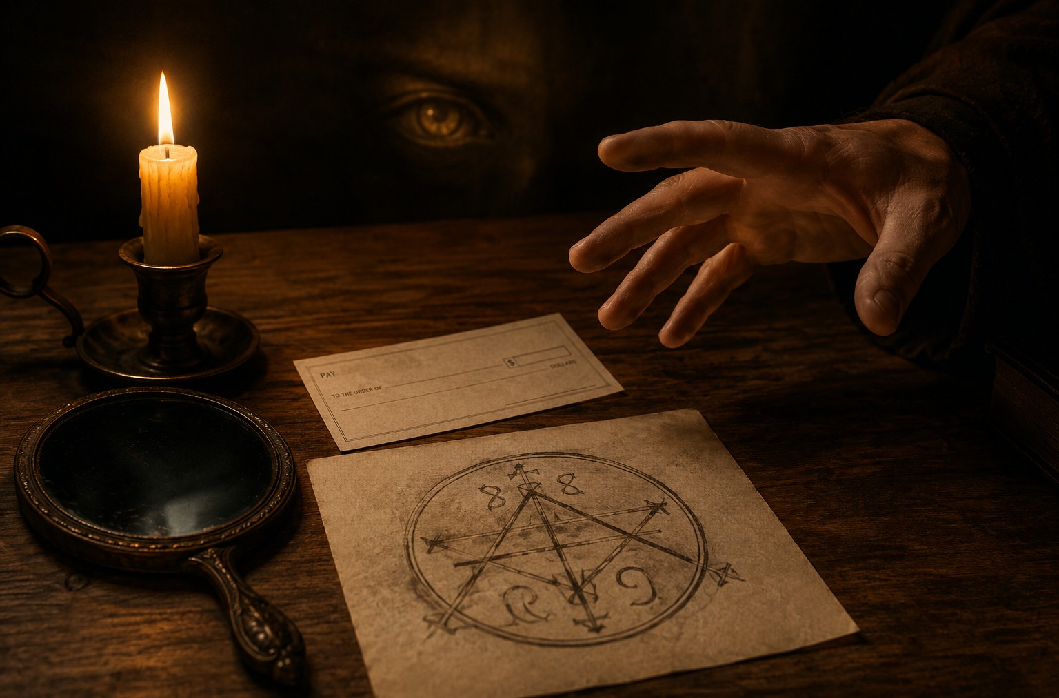 A candlelit table with a mirror, sigil and open hand, symbolising ethical manifestation and discernment before desire